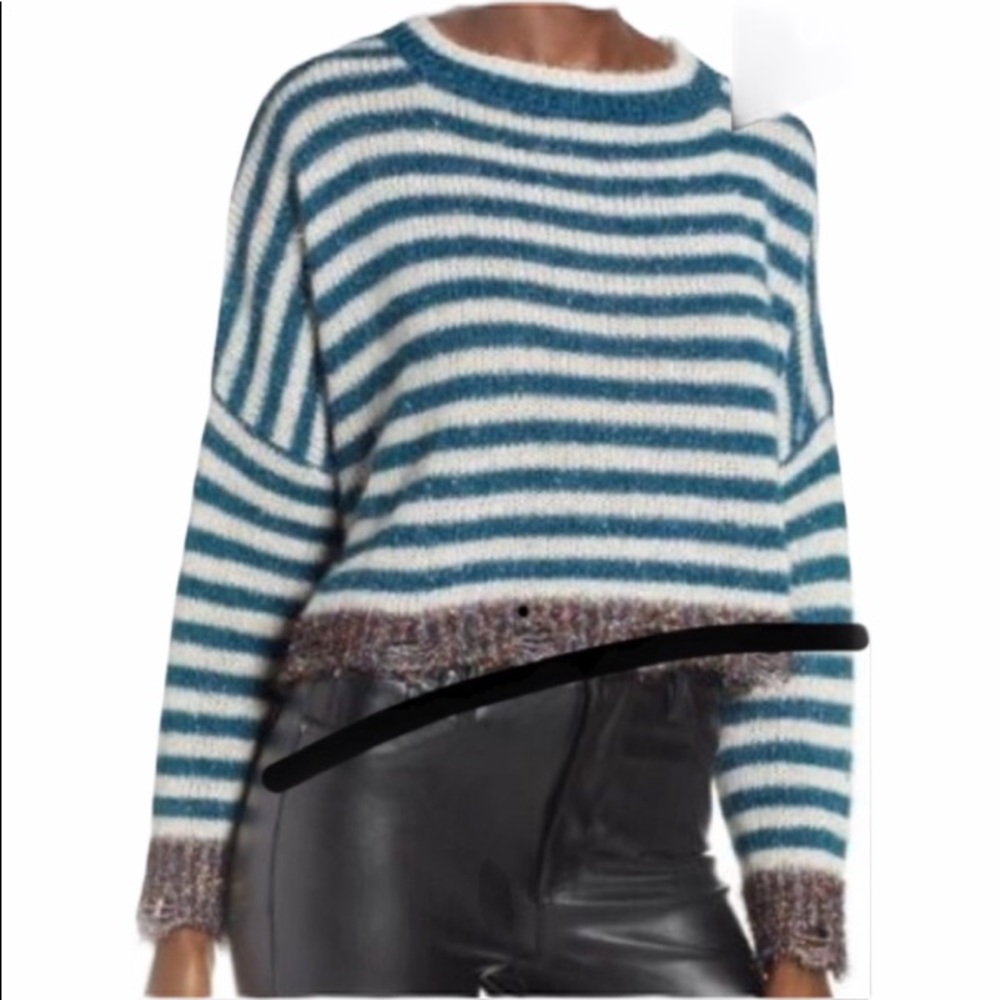 Prima  NWT Casual Oversized Blue Glitter Fringe cropped Sweater Sz M